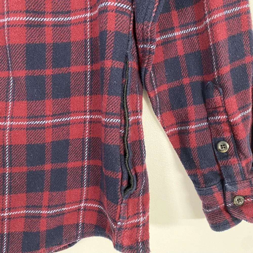 Orvis Shirt Mens Medium Red Navy Plaid Flannel Button Front Side Pockets Outdoor